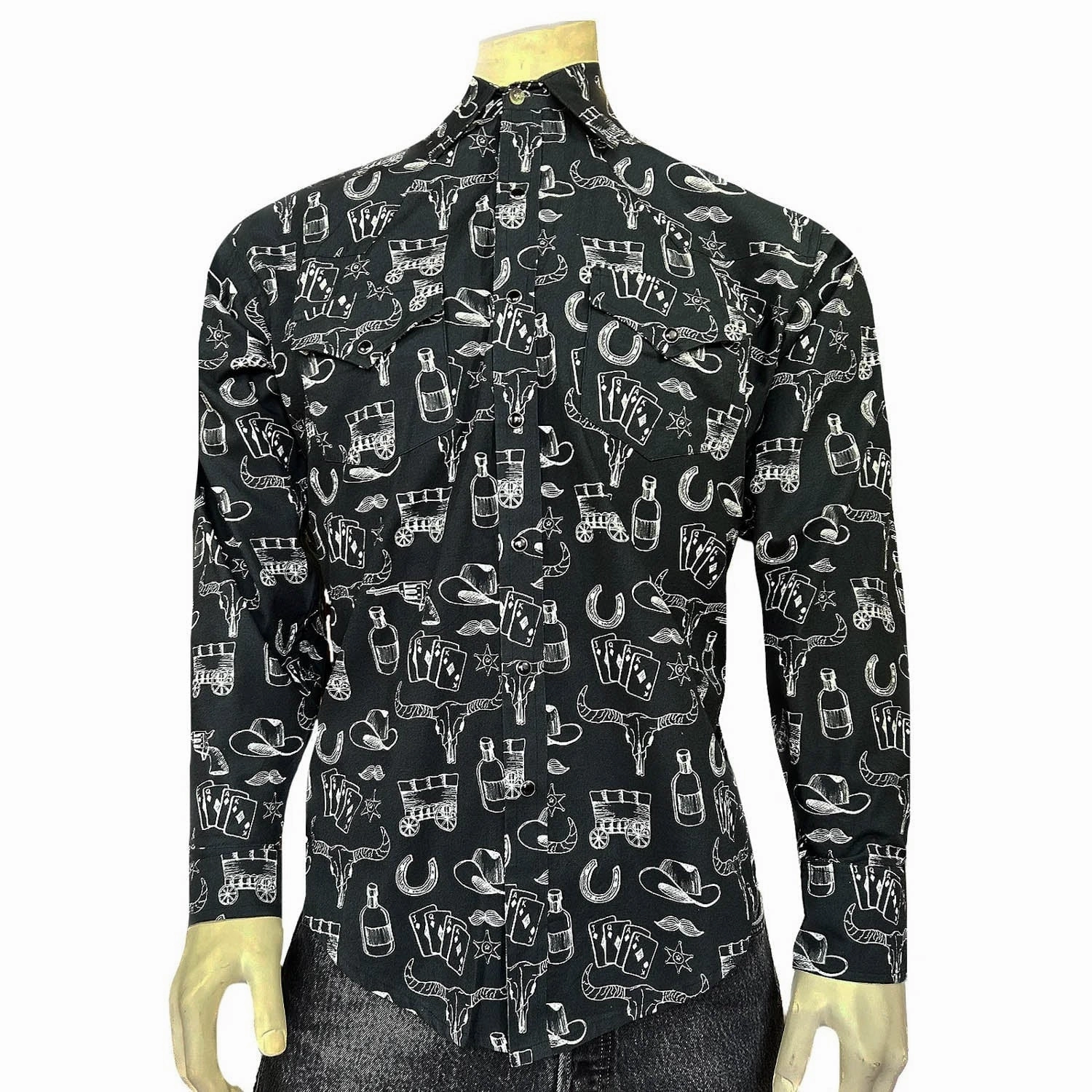 Polished Look Smooth zipper closure Rockmount Mens Hat and Horseshoe Cards Black 100% Cotton L/S Shirt