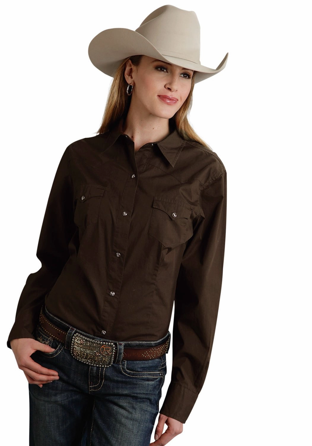 Roper Basic Solid Ladies Chocolate 100% Cotton L/S Western Shirt Sophisticated Elegance Minimalist Style