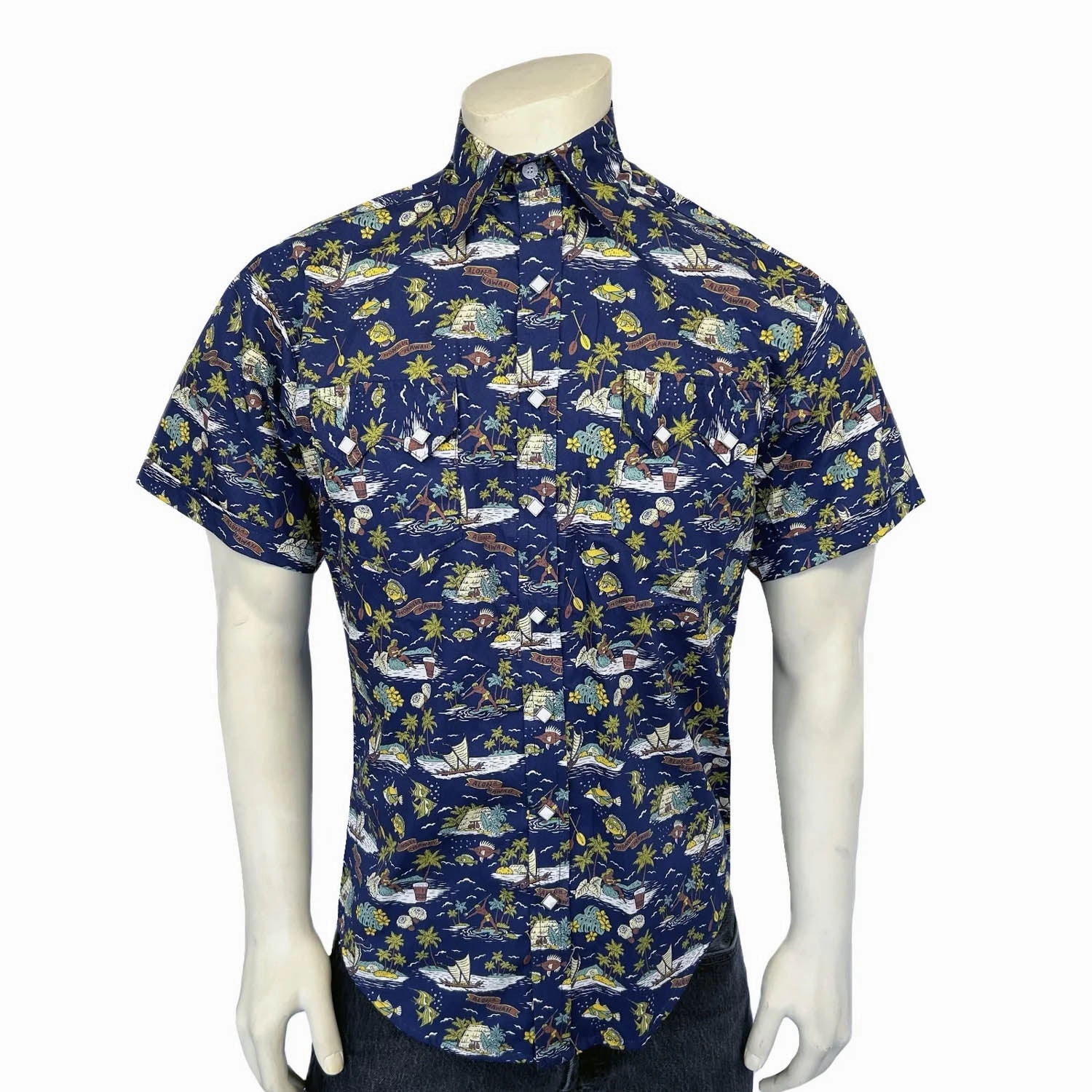 Dressy look Rockmount Mens Hawaiian Print Western Blue 100% Cotton S/S Shirt