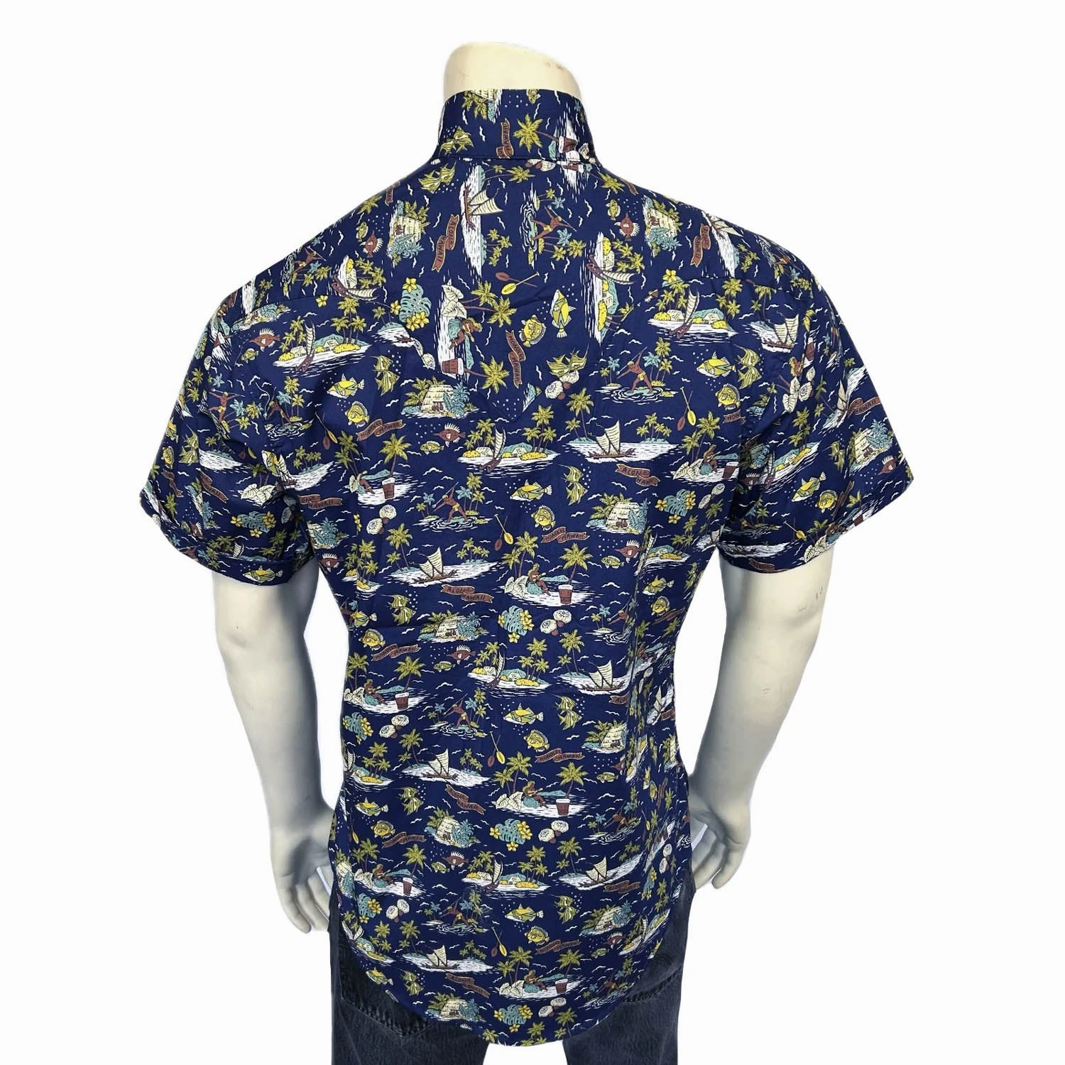 Rockmount Mens Hawaiian Print Western Blue 100% Cotton S/S Shirt Creative Professional