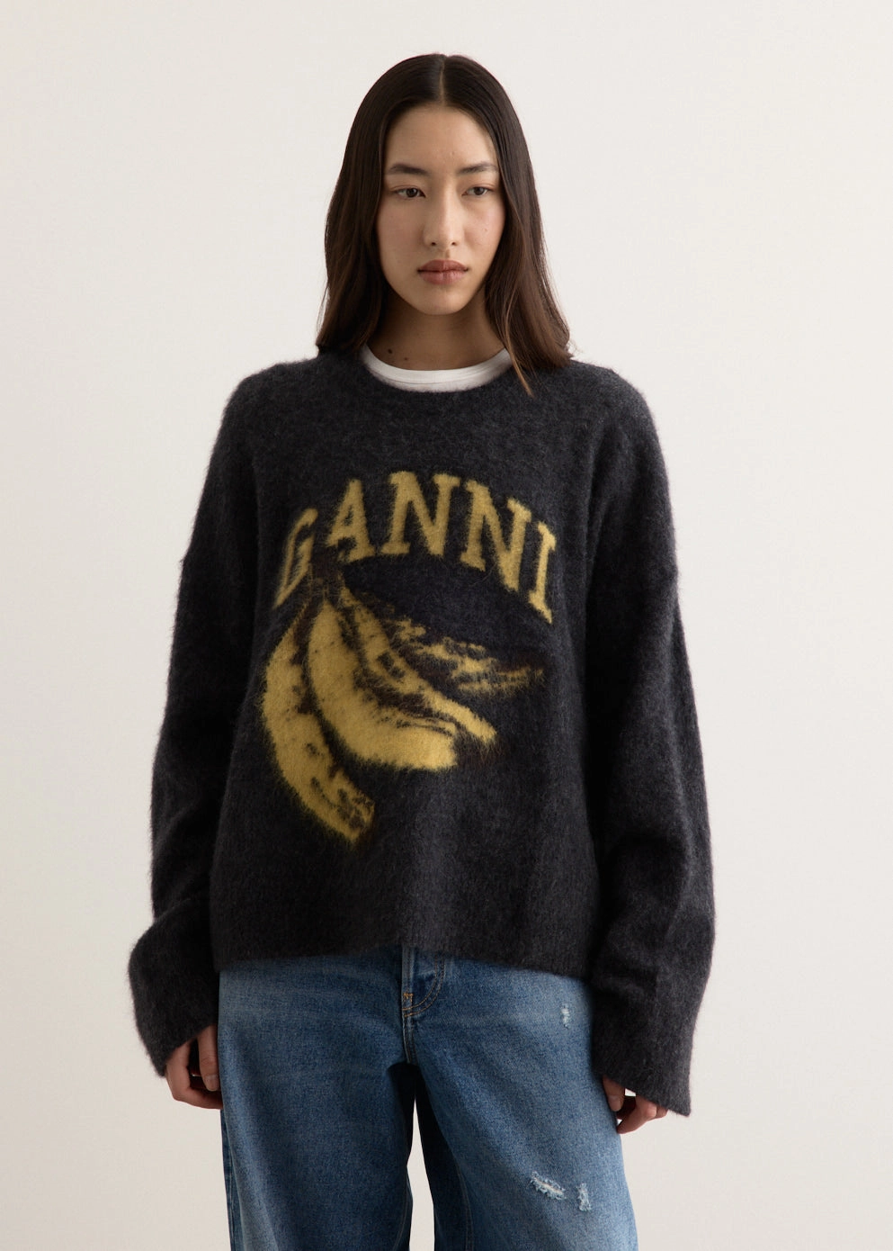 Lattice Pattern Fine Brushed Alpaca Banana Oversized O-neck Jumper