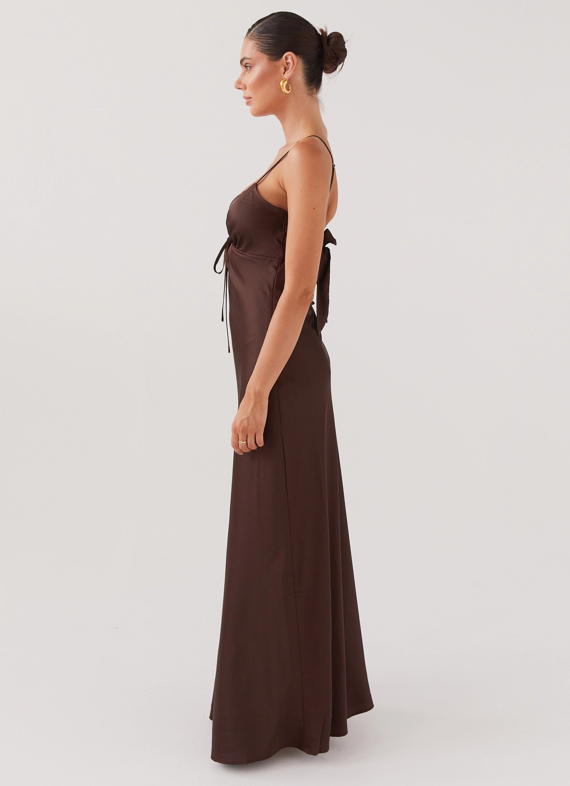 A Line Cut Button-Cuff Flora Satin Maxi Dress - Chocolate
