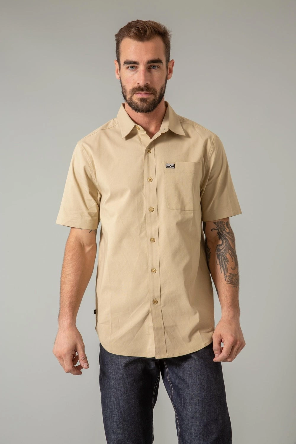 No Slip Shoulder Grip Kimes Ranch Mens Linville Solid Khaki Cotton Blend S/S Shirt