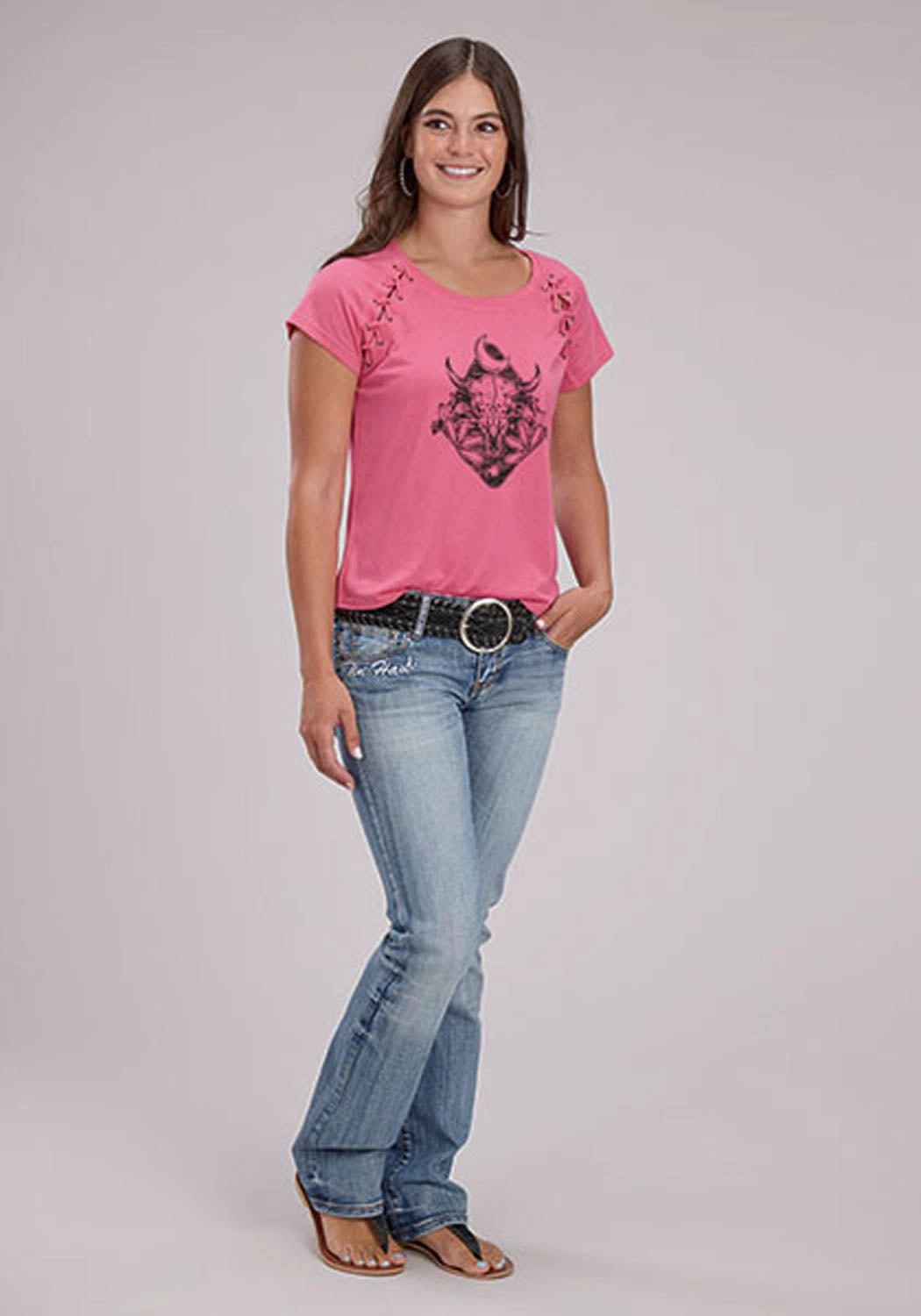 Roper Womens Longhorn Self Tie Pink Poly/Rayon S/S T-Shirt Travel Essential