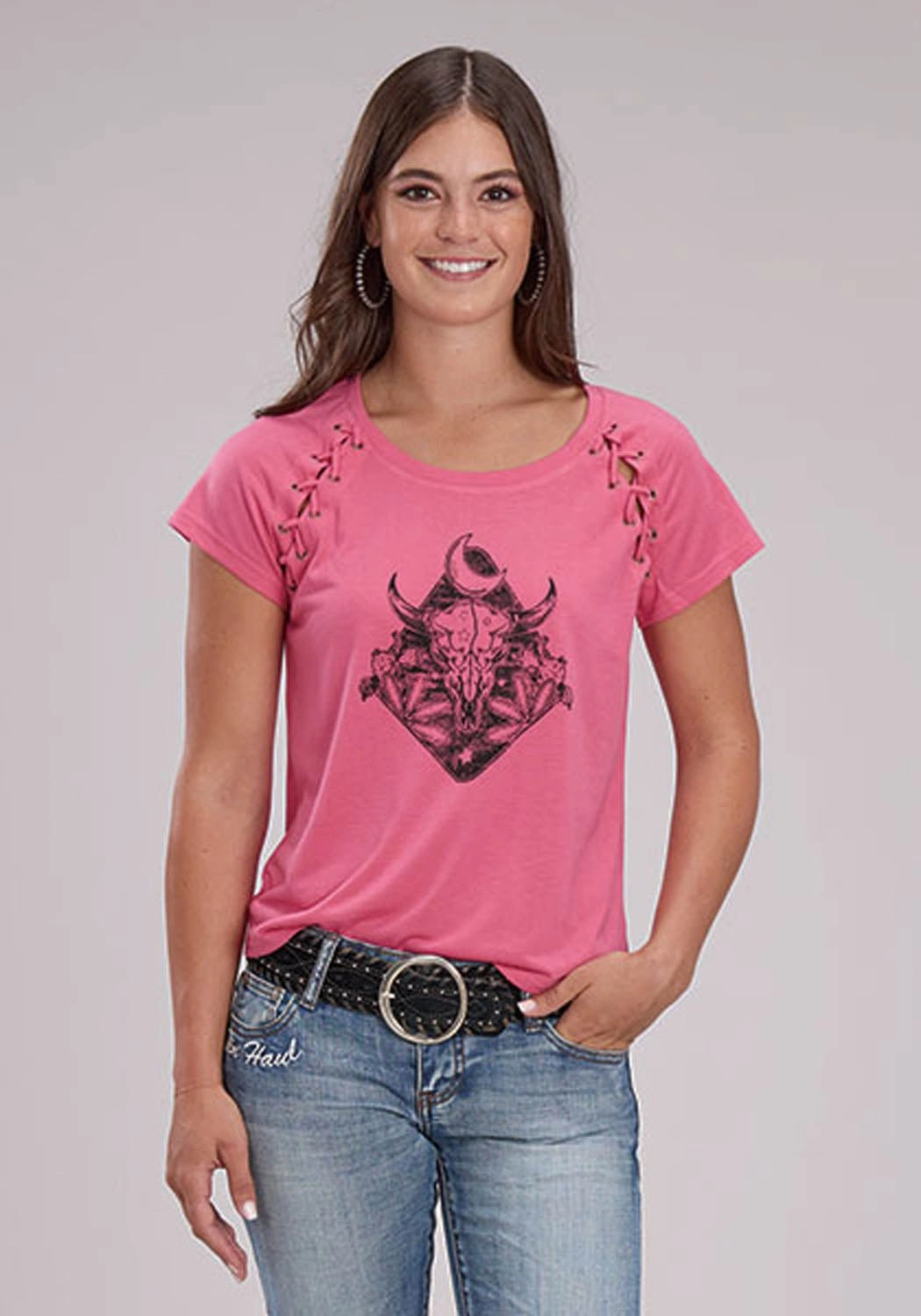 High-Quality Material Relaxed Style Roper Womens Longhorn Self Tie Pink Poly/Rayon S/S T-Shirt