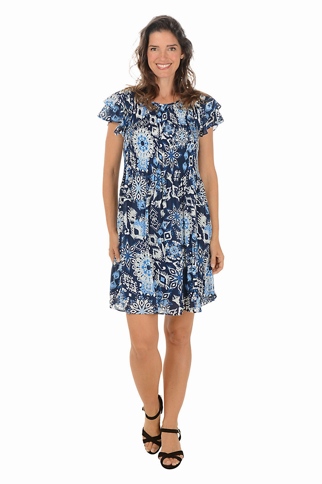 HypoallergenicFiber Muted Tones Floral Ikat Flounce Sleeve Pleated Dress