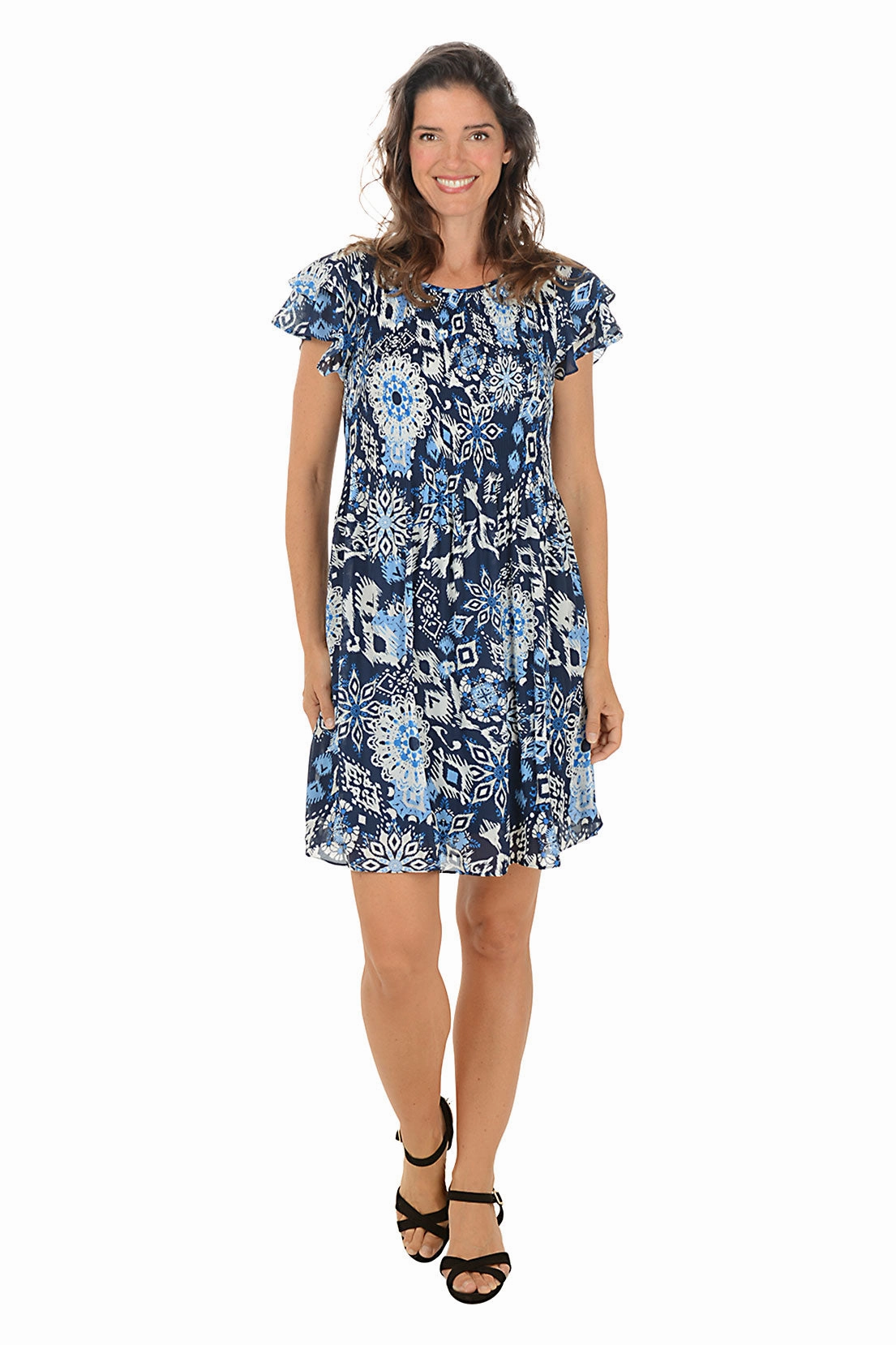 Floral Ikat Flounce Sleeve Pleated Dress Sophisticated Wear ContrastStitching