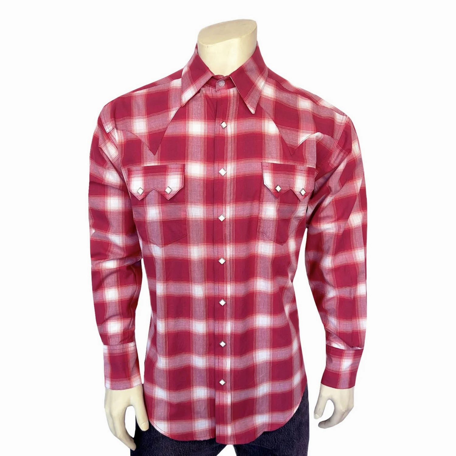 Rockmount Mens Shadow Plaid Western Red/White 100% Cotton L/S Shirt Regular Fit Layered Sleeve Cuffs