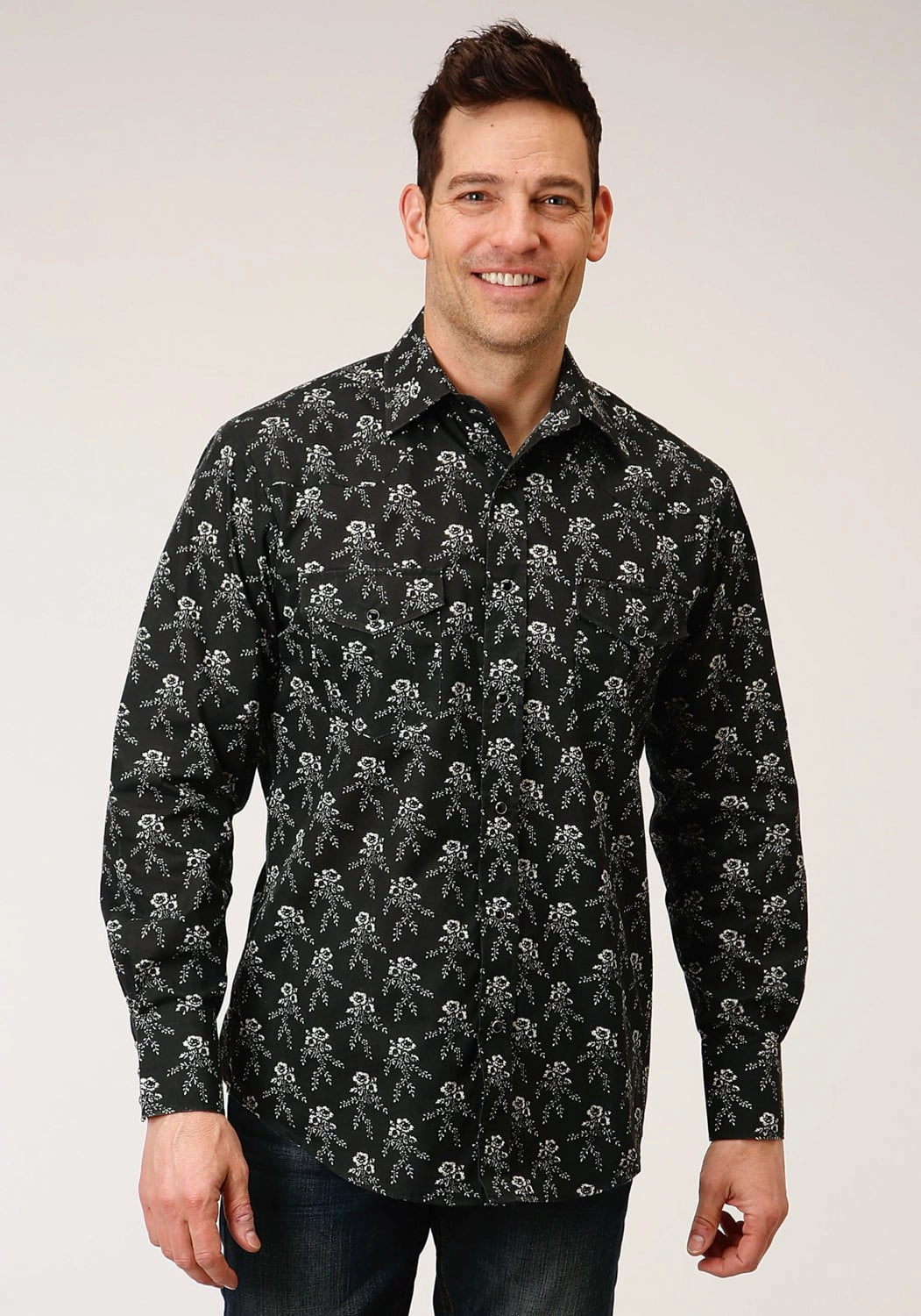 Breathable Cotton Roper Mens Black/Cream Cotton Blend Floral L/S Shirt