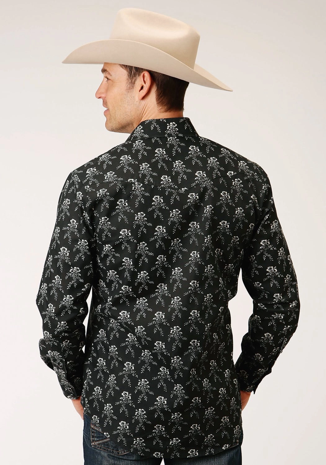 Roper Mens Black/Cream Cotton Blend Floral L/S Shirt Seamless Shoulder