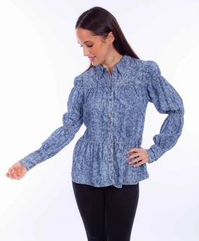 Scully Womens Button Peasant Blue Lyocell L/S Blouse Quick Dry Technology