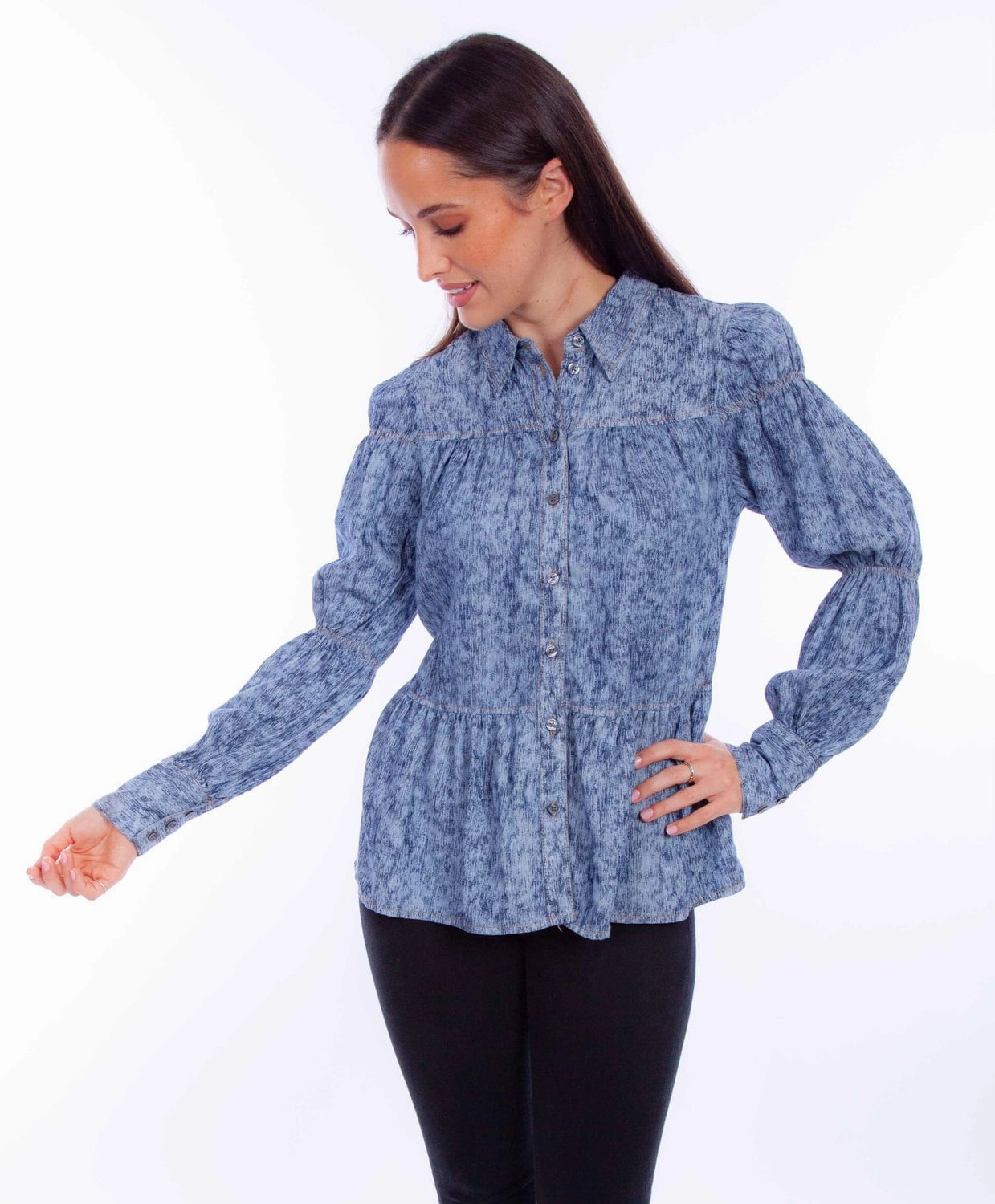 Scully Womens Button Peasant Blue Lyocell L/S Blouse Quick Dry Technology