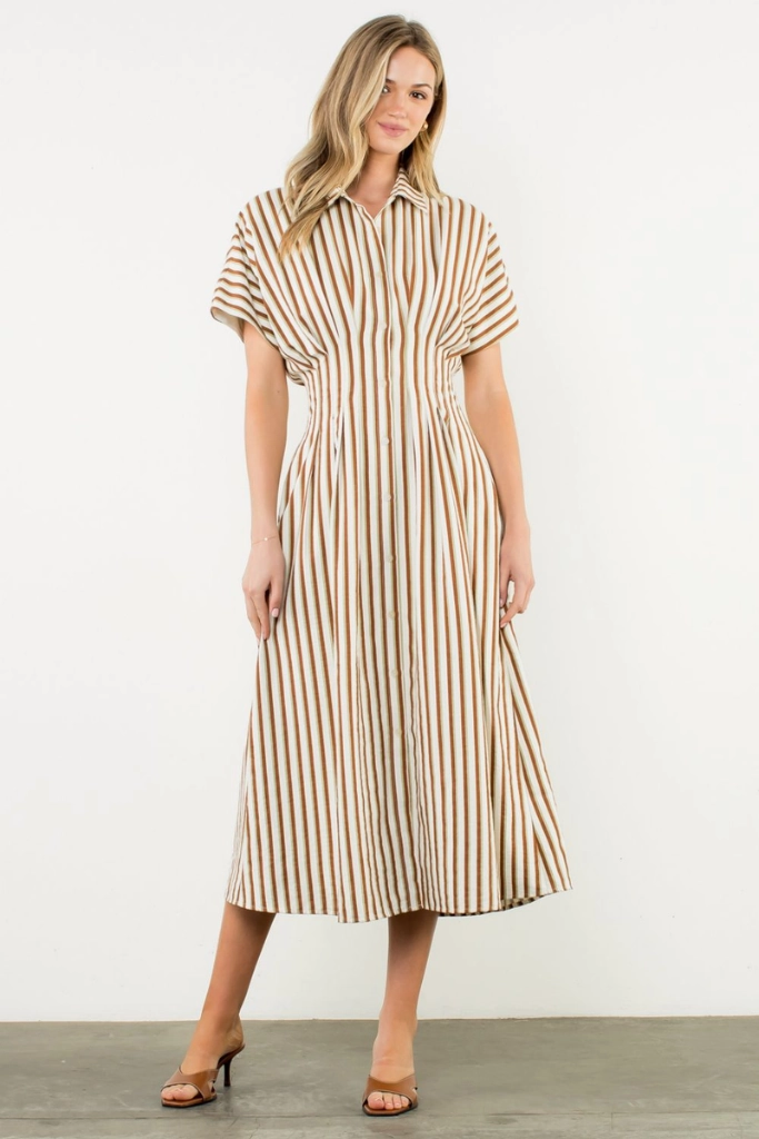 Florence Stripe Short Sleeve Midi Dress All-Day Fit Light Wrap