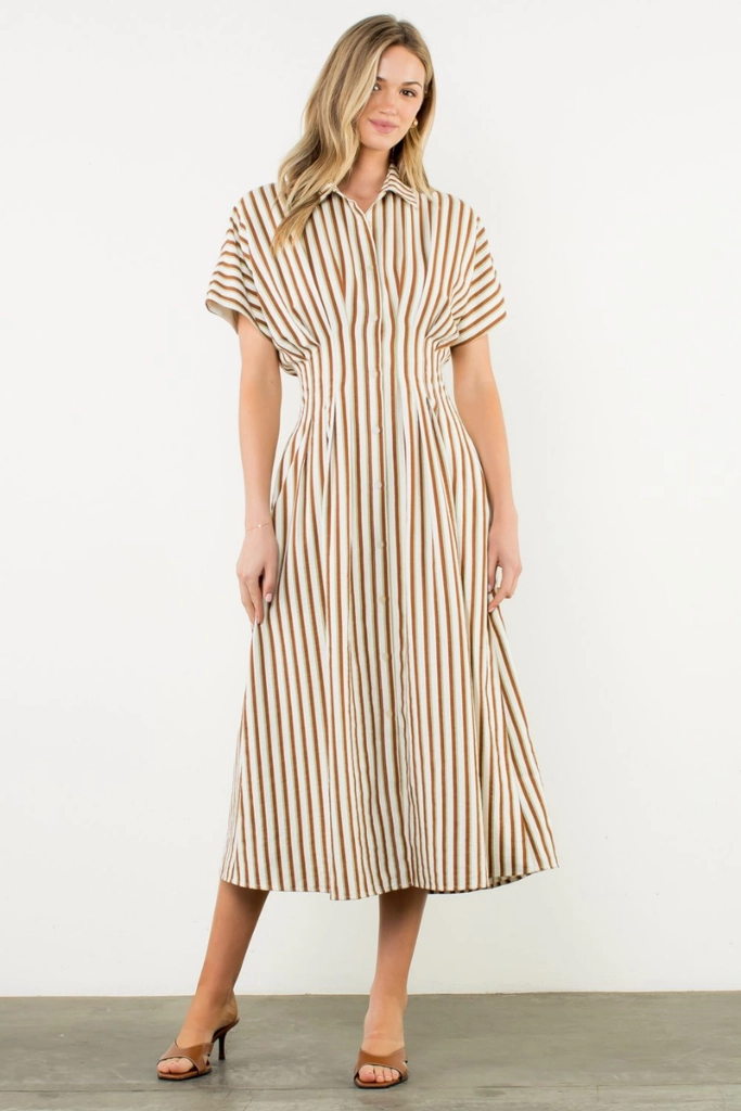 Florence Stripe Short Sleeve Midi Dress Flowing Lines Soft Comfort