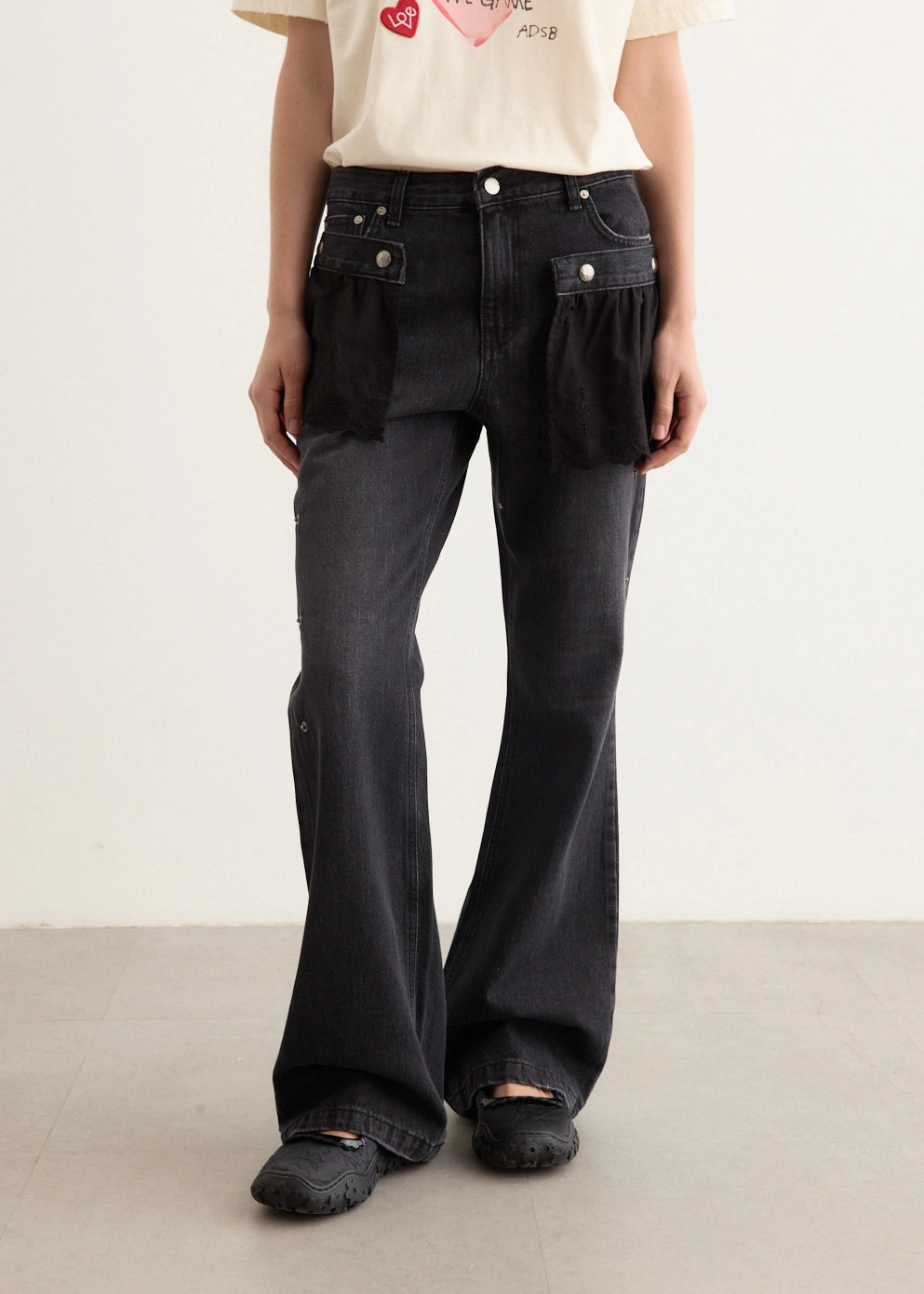 Flower Lace Attached Bootcut Jeans Flatlock stitching Neutral palette All Day Comfort