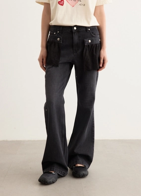 Flower Lace Attached Bootcut Jeans Flatlock stitching Neutral palette All Day Comfort