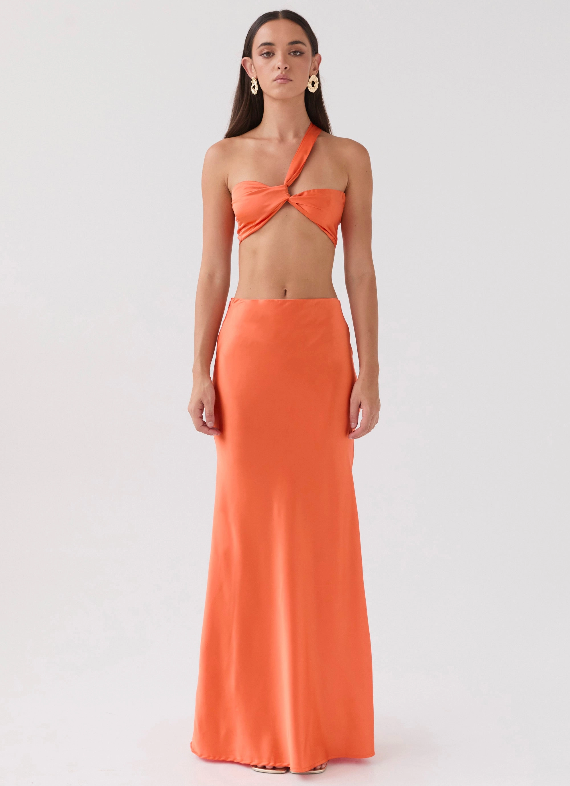 Couture Inspired Style Innovation Hidden Oasis Satin Top - Tangerine