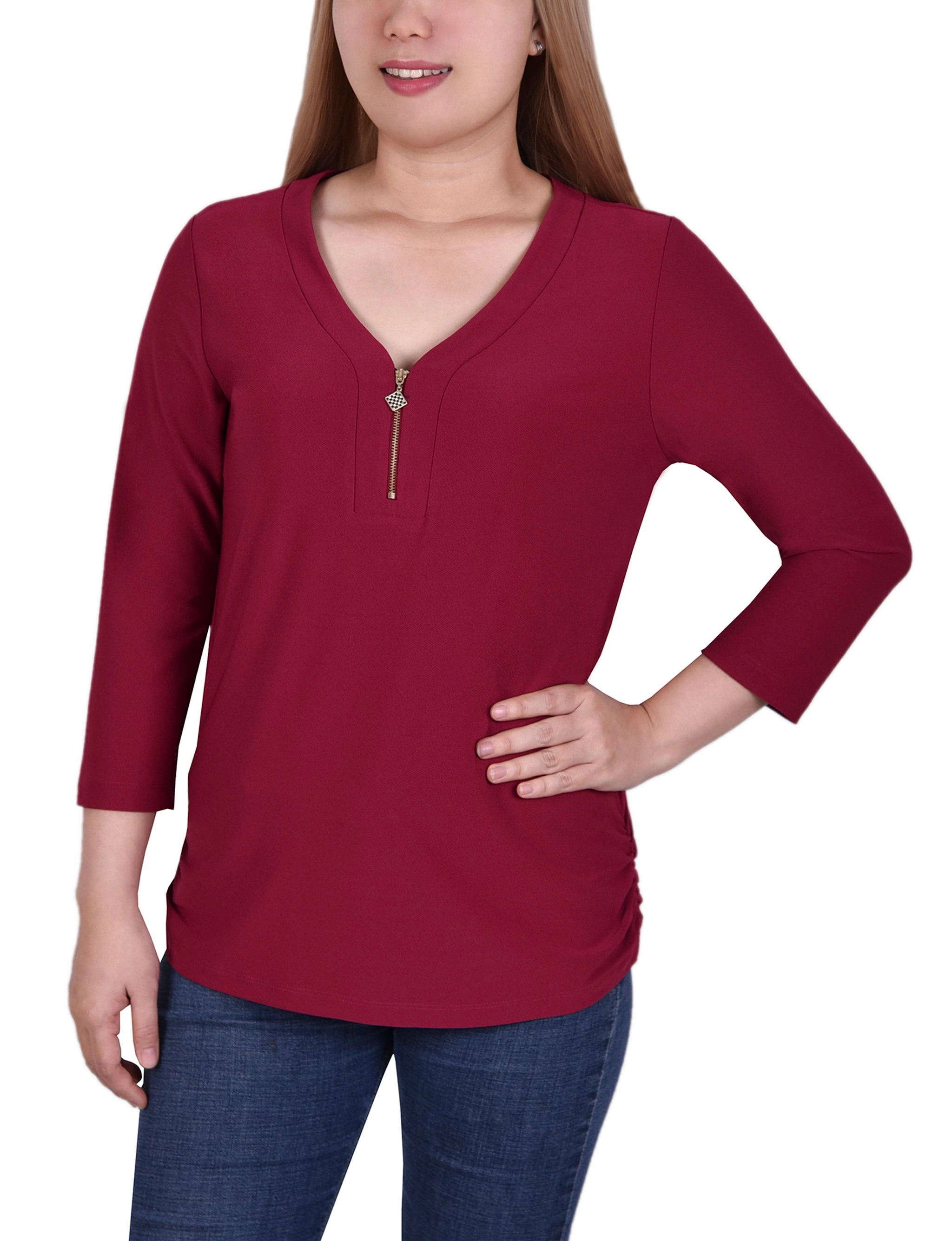 Plus Size Long Sleeve Crepe Knit V Neck Top With Zipper Natural Texture Modern and Feminine