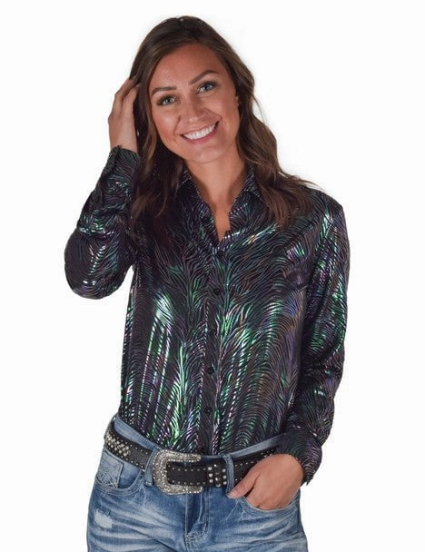 Conference Appropriate Cowgirl Tuff Womens Foil Lightweight Zebra Polyester L/S Shirt
