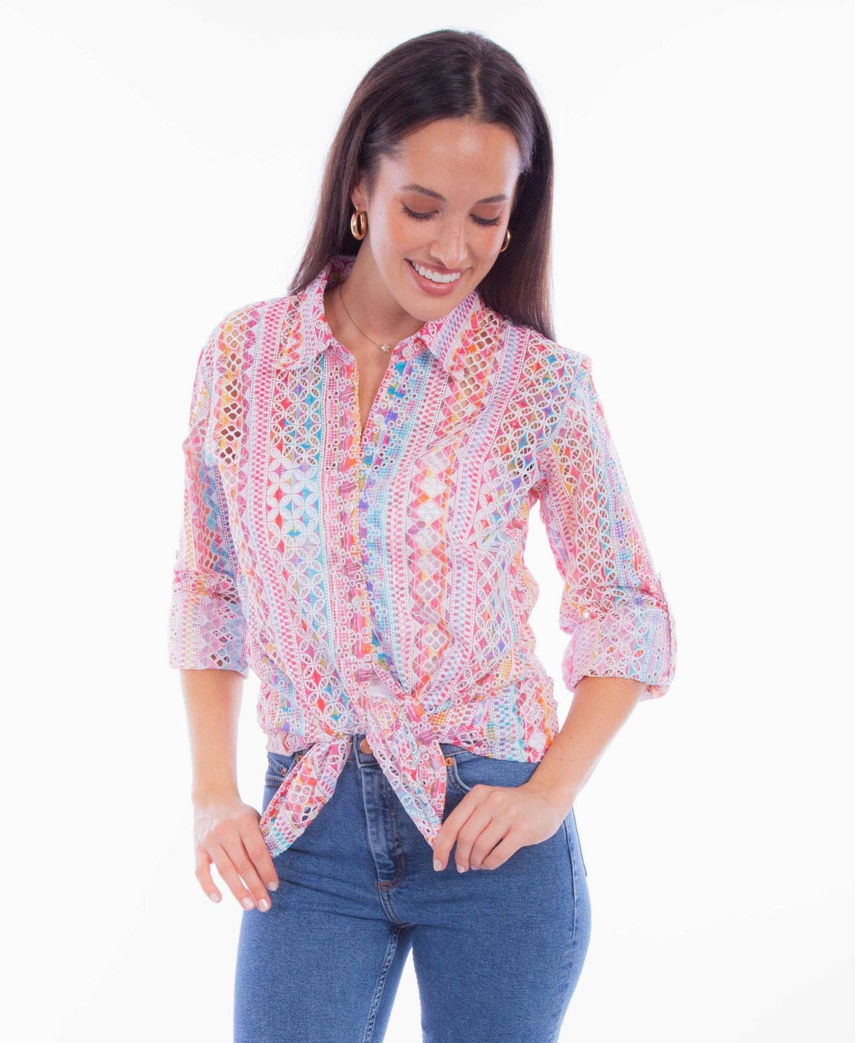 Nautical Look Travel Essential Scully Womens Eyelet Button Pink 100% Cotton L/S Blouse