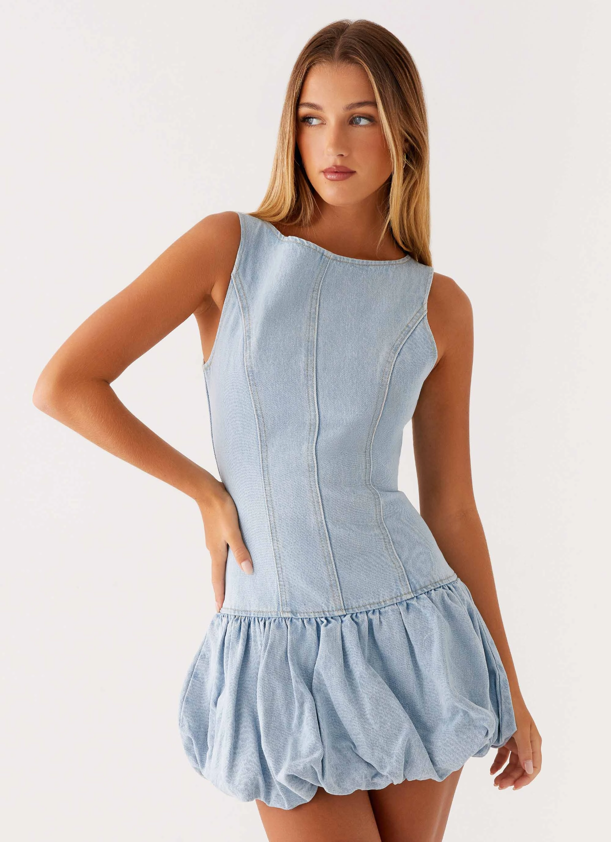 Meg Bubble Denim Mini Dress - Blue Tear-resistant