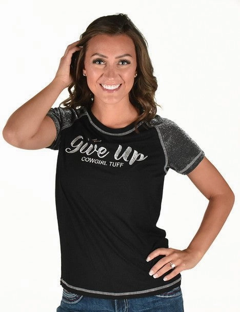 Cowgirl Tuff Womens Never Give Up Shimmer Black Nylon S/S T-Shirt birthday party