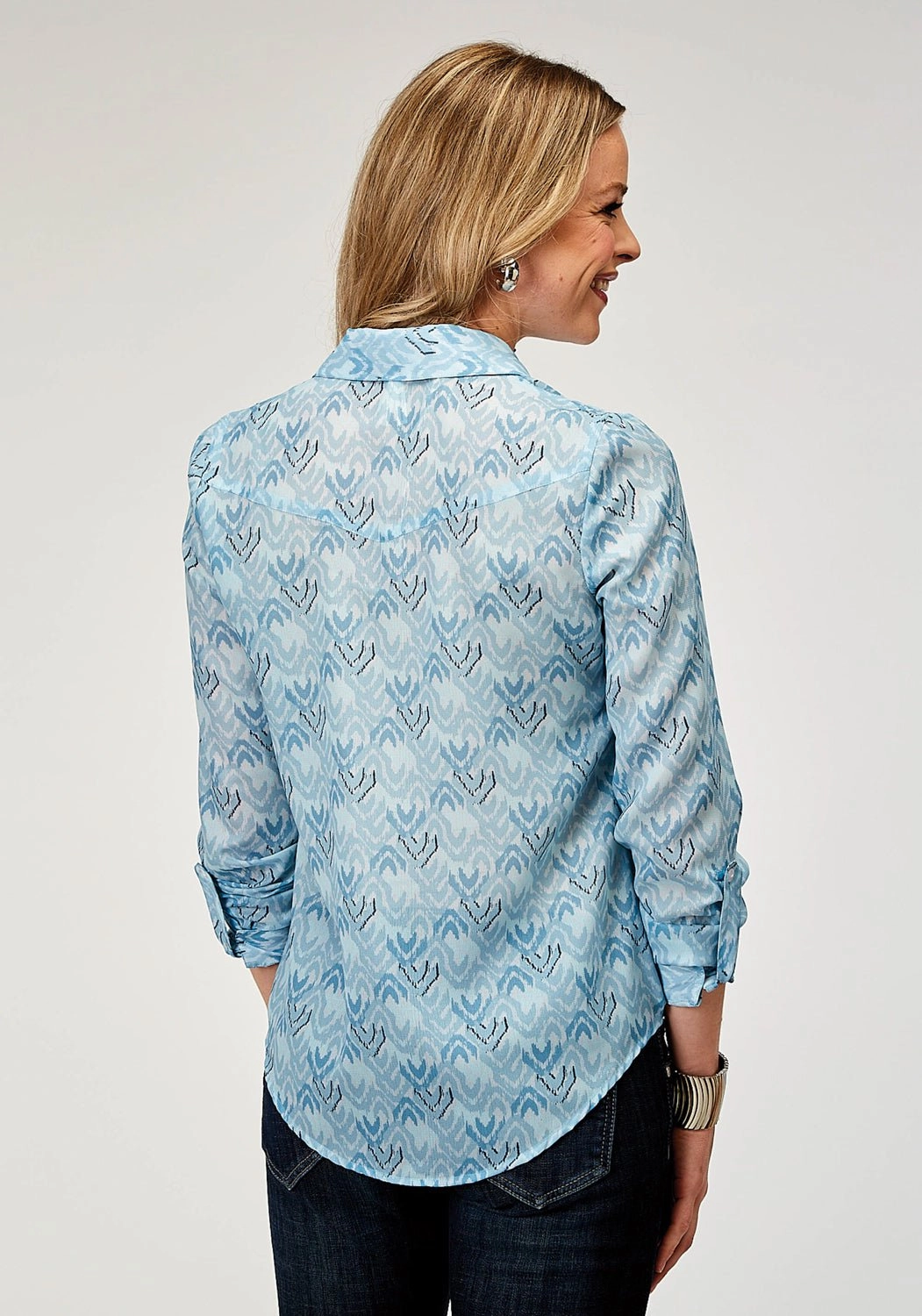 Roper Womens 1978 Ikat Chevron Blue 100% Polyester L/S Shirt Organic Cotton UV Protection