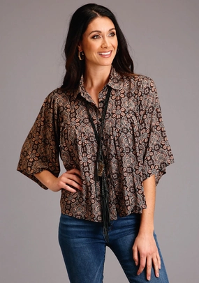 slim cut Anti Static Finish Stetson Womens Brown Rayon/Nylon Prairie Paisley S/S Blouse
