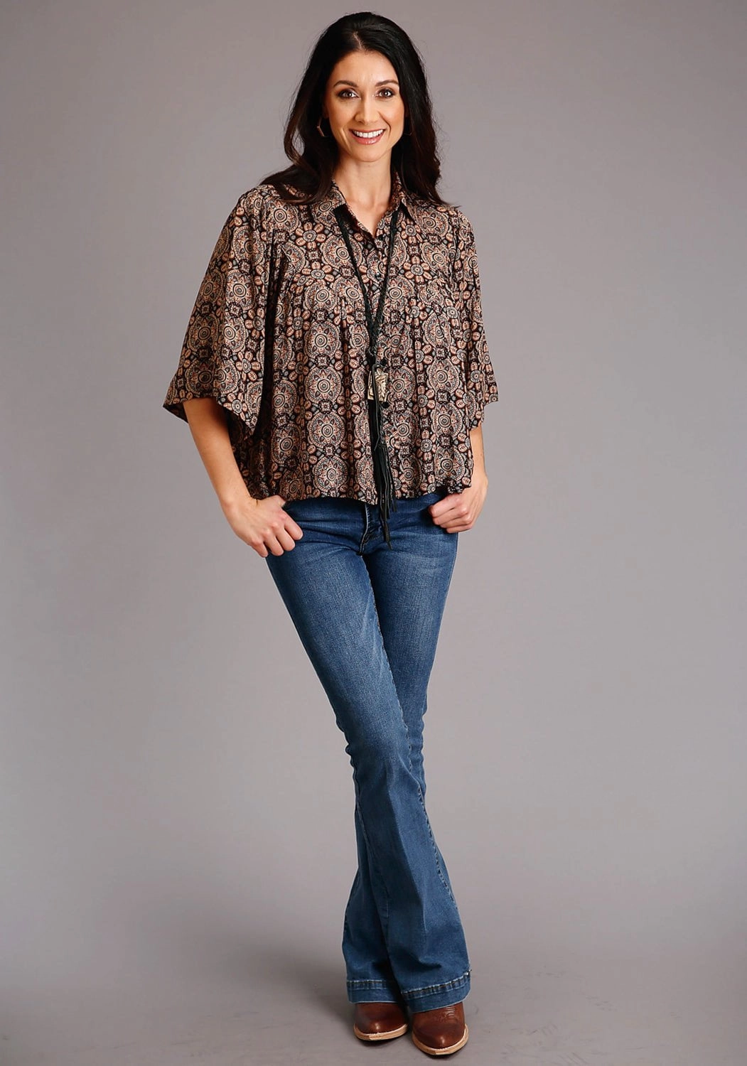 Stetson Womens Brown Rayon/Nylon Prairie Paisley S/S Blouse On-The-Go Style