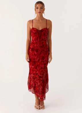 Comfort and Elegance Sleek and Simple Sally Midi Dress - Deep Red Floral