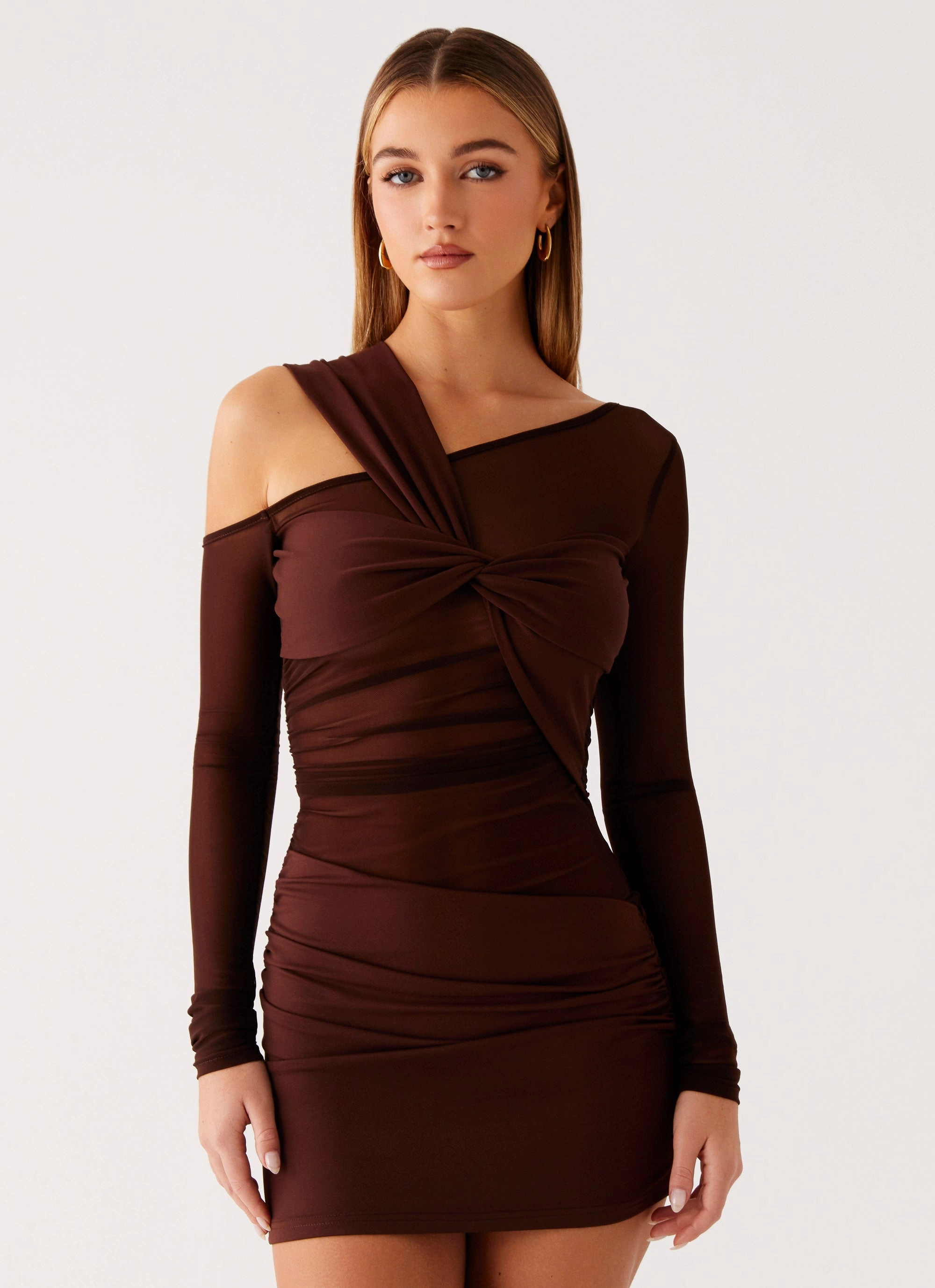 Ophelie Asymmetric Long Sleeve Mini Dress - Chocolate Smooth Layers