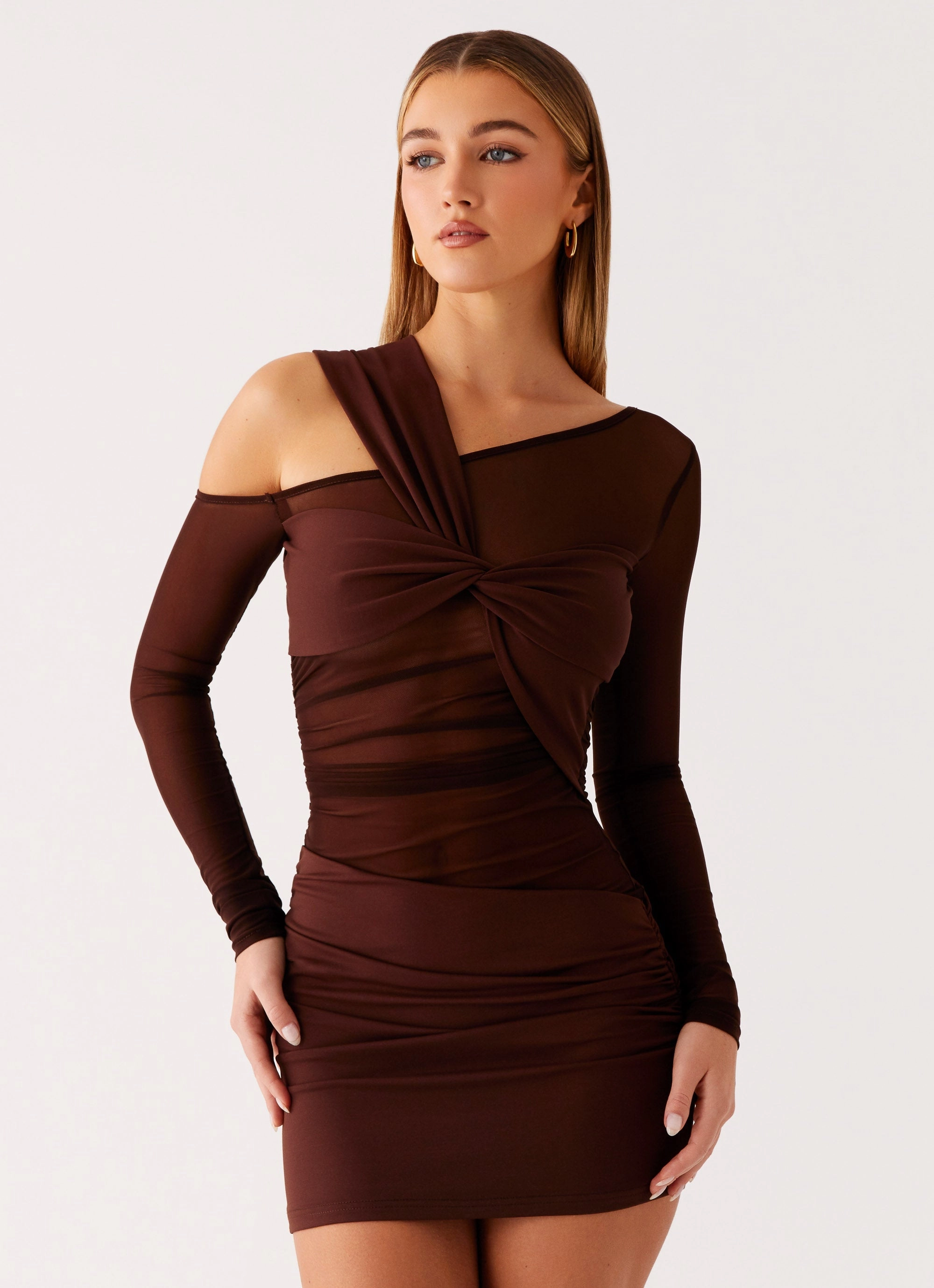 Ophelie Asymmetric Long Sleeve Mini Dress - Chocolate Functional Fit
