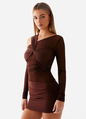 Smooth Tone Ophelie Asymmetric Long Sleeve Mini Dress - Chocolate