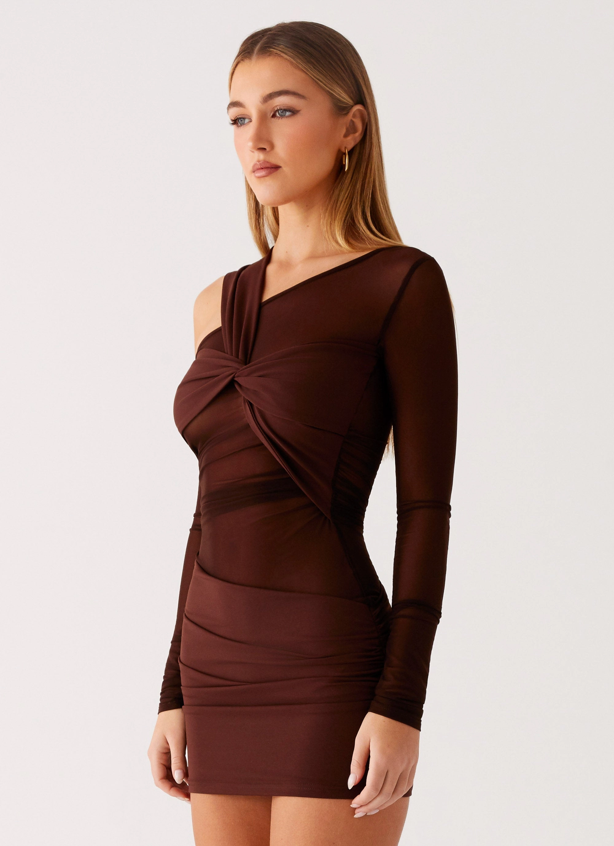 Timeless Wear Bold Cut Ophelie Asymmetric Long Sleeve Mini Dress - Chocolate