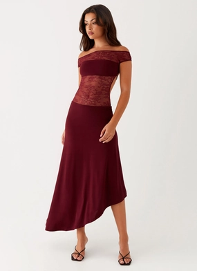 Comfy Style Fitted Mood Francoise Lace Midi Dress - Burgundy