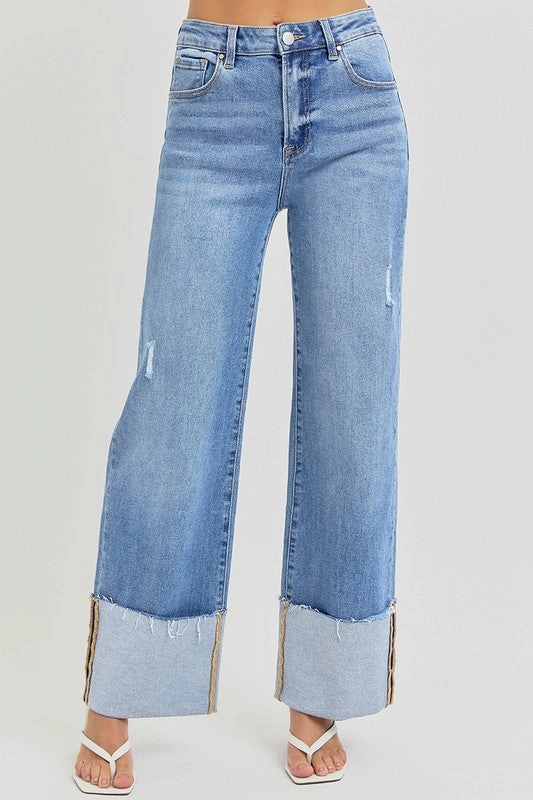 FRANKIE HIGH RISE ANKLE WIDE CUFFED JEANS Breathable Work Meeting Relaxed Style