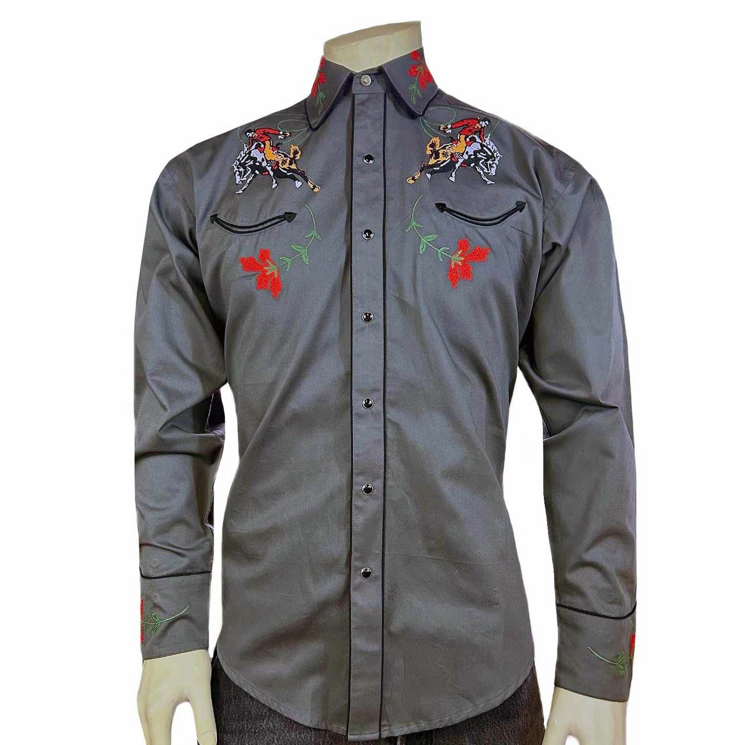 Adjustable Cuffs Thermoregulating Fabric Rockmount Mens Vintage Bronc Western Grey 100% Cotton L/S Shirt