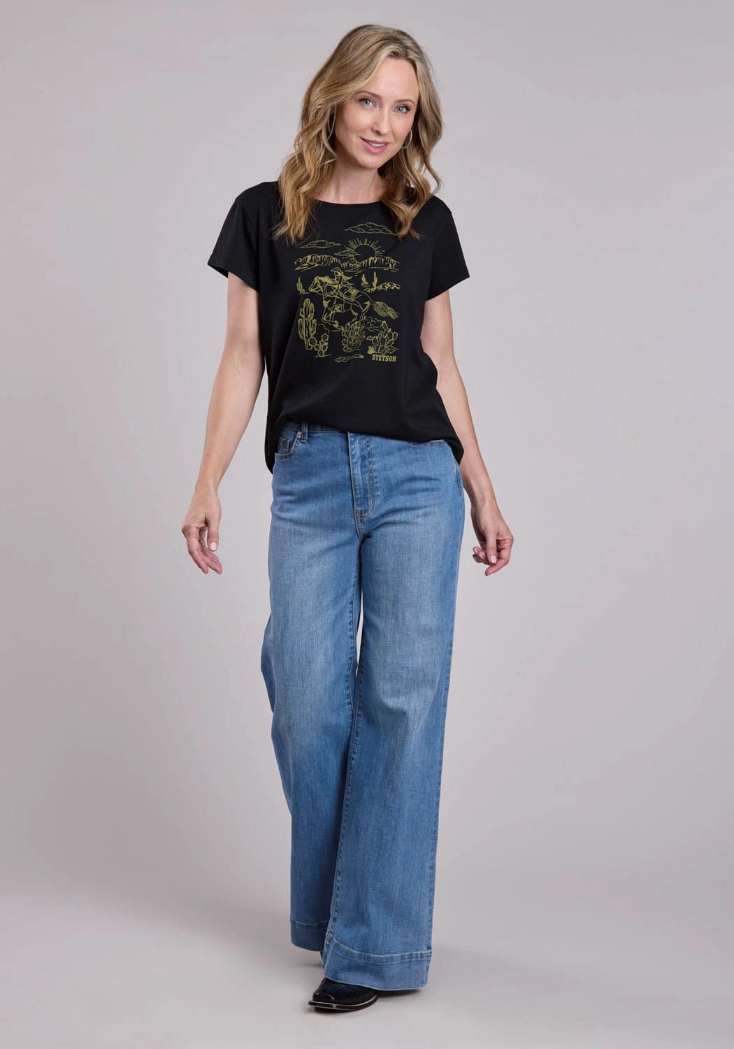 Stetson Womens Vintage Cowgirl Scene Black Cotton Blend S/S T-Shirt Odor Control Technology