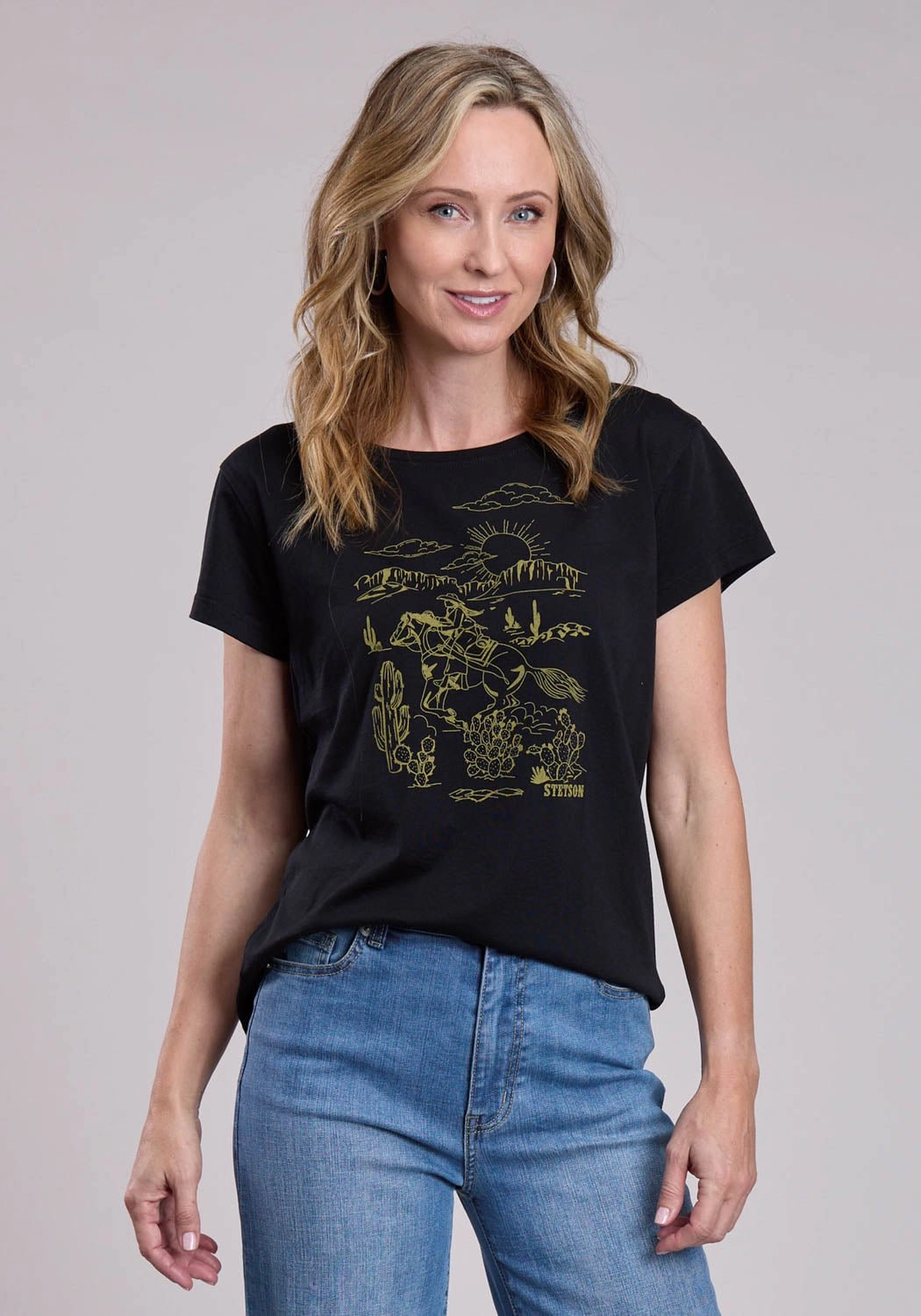 Stetson Womens Vintage Cowgirl Scene Black Cotton Blend S/S T-Shirt All day wearability