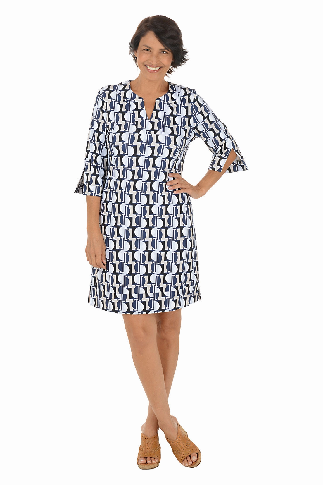 Fitted Shape Love Energy Pale Half Moon UPF50  Split Neck Travel Dress