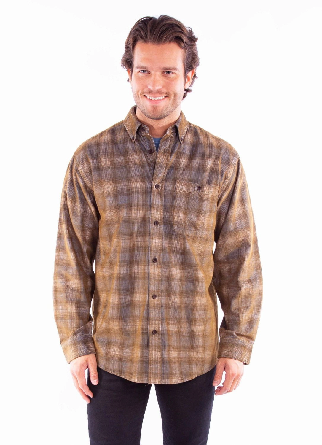 Scully Mens Corduroy Plaid Blue/Brown 100% Cotton L/S Shirt Bold colors