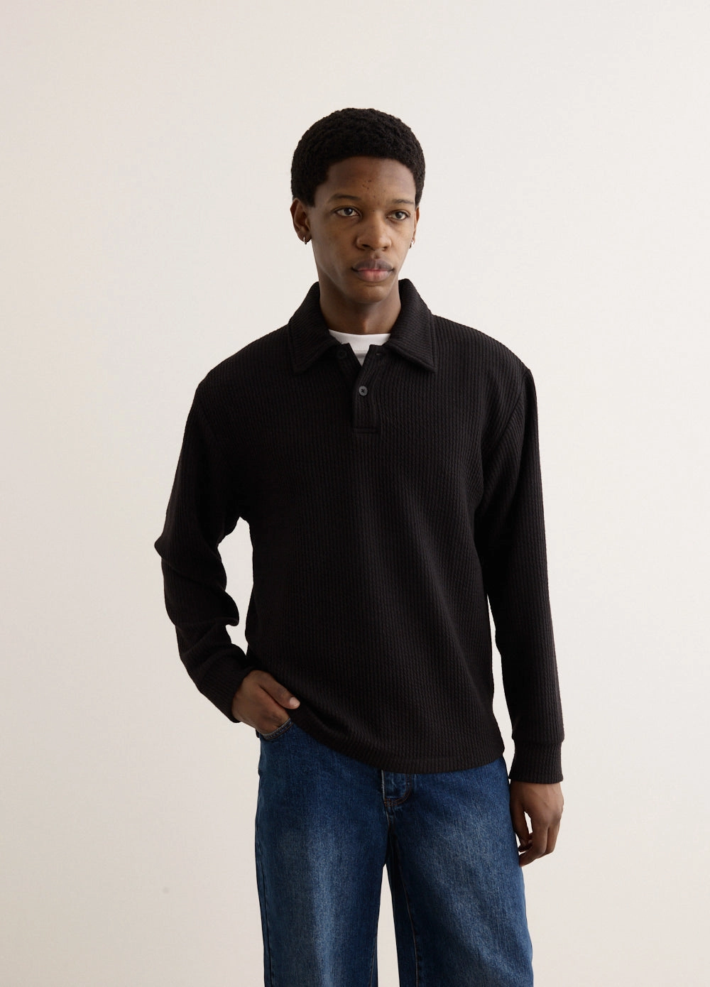 Deny Long Sleeve Polo Openwork Lattice Pattern