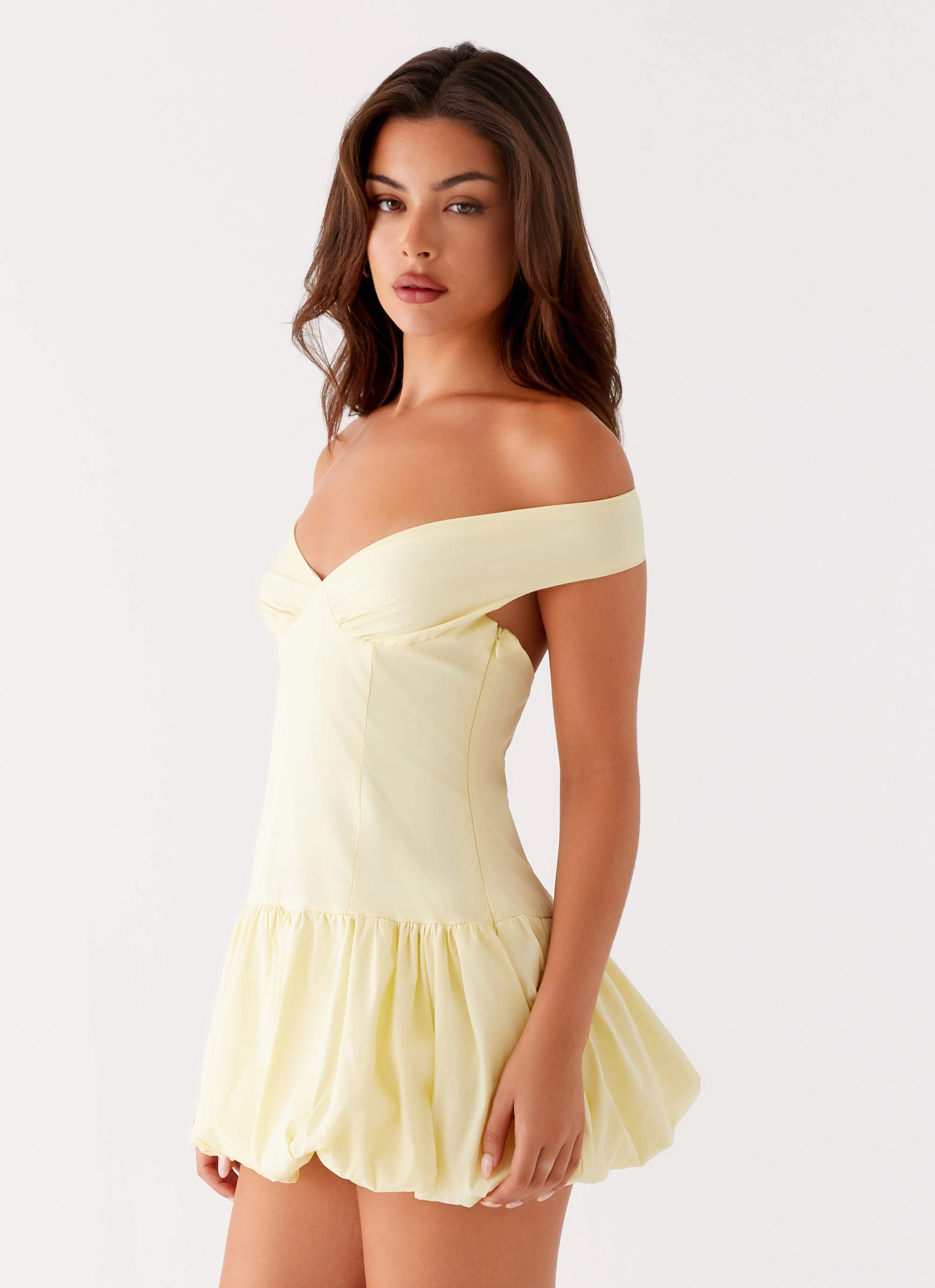 Coastal Soft Timeless office dress Endless Romance Off Shoulder Mini Dress - Yellow