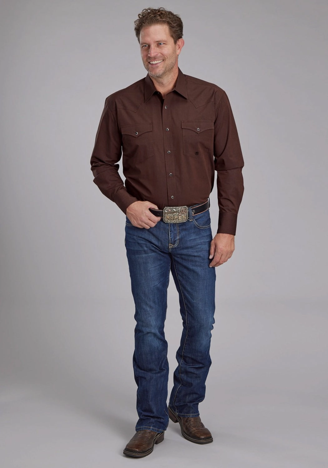 Roper Mens 2162 Black Fill Brown 100% Cotton L/S Shirt Gym Appropriate