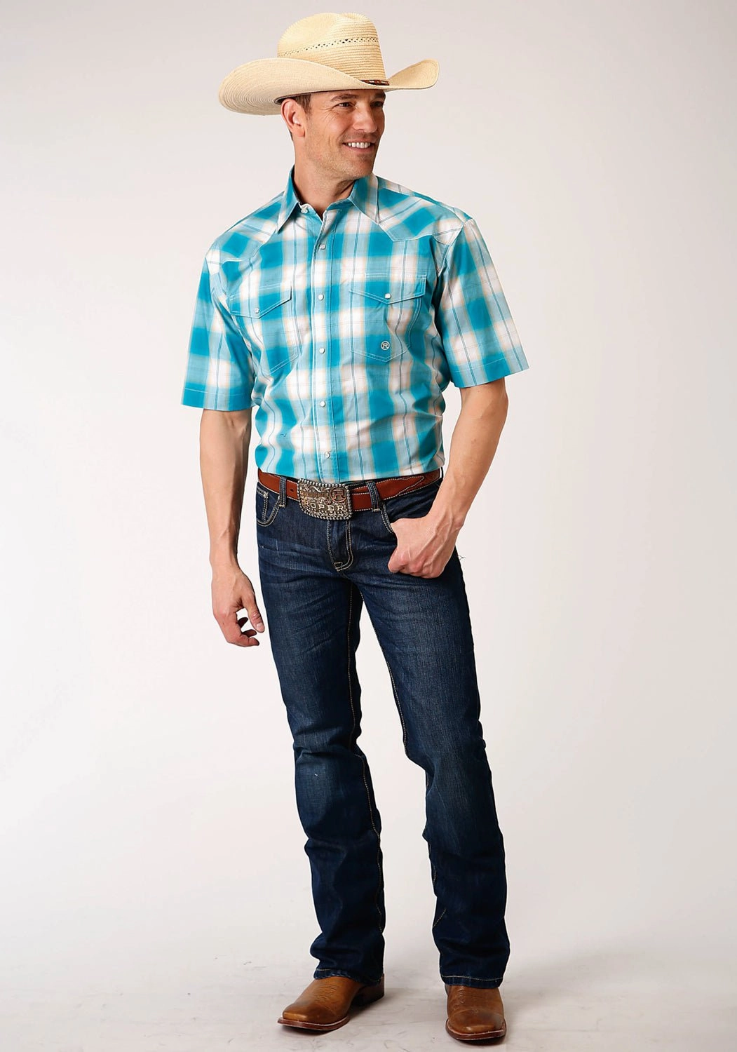Roper Mens Turquoise 100% Cotton Sand Ombre S/S Plaid Shirt Gym Wear High-Quality Fabric