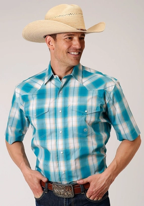Thermal regulation Must-Have Item Roper Mens Turquoise 100% Cotton Sand Ombre S/S Plaid Shirt