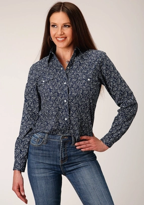 Multi Pocket Utility Holiday Travel Roper Womens 1498 Floral Navy/White Cotton Blend L/S Shirt