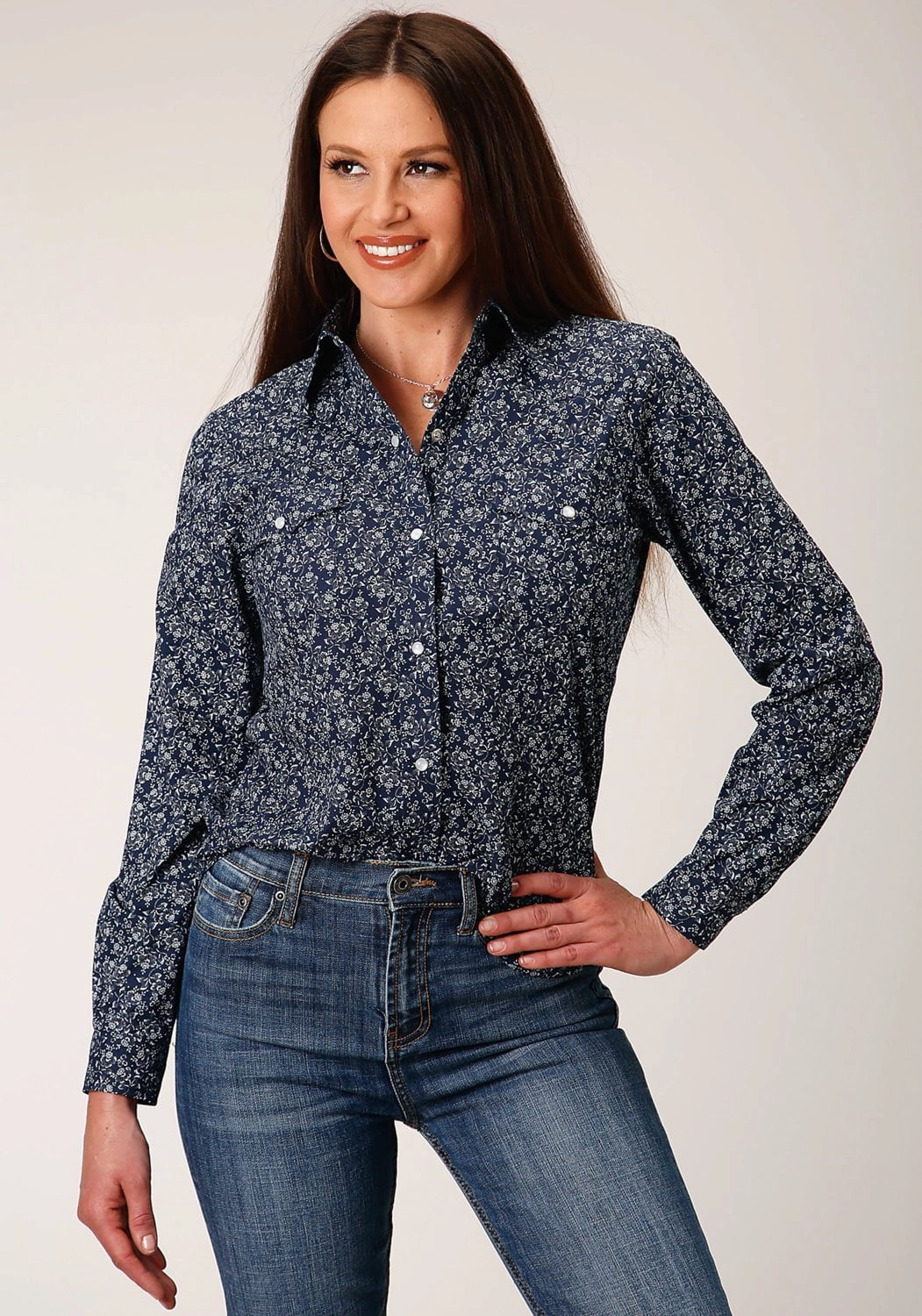 Roper Womens 1498 Floral Navy/White Cotton Blend L/S Shirt Versatile Piece