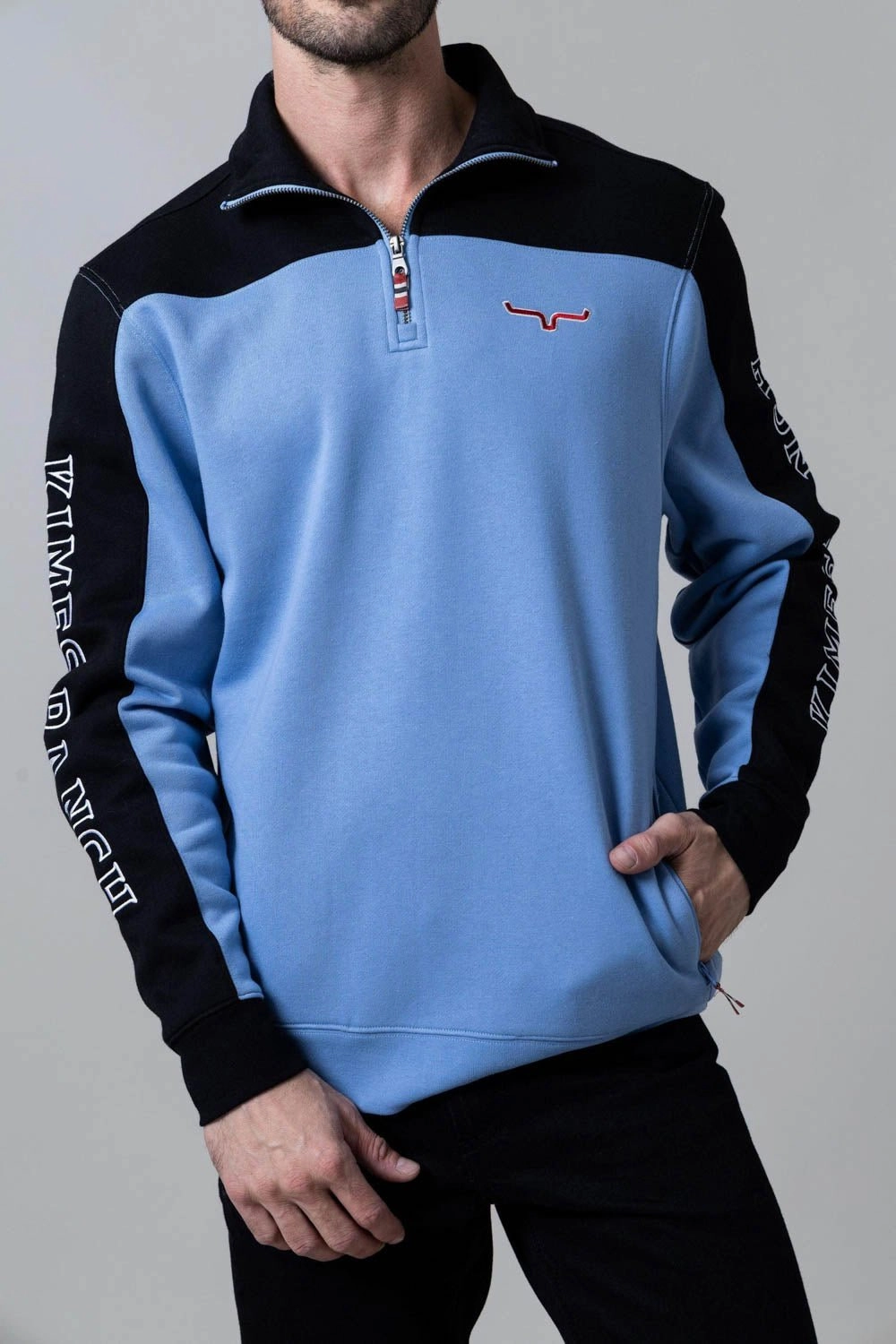 Lightweight Feel Distressed finish Kimes Ranch Mens Competitor Light Blue Poly/Cotton 1/4 Zip Sweater