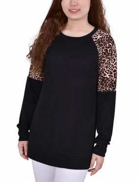 Luminous Thread Accents Sweat Wicking Lining Long Raglan Sleeve Top With Animal Print Insets